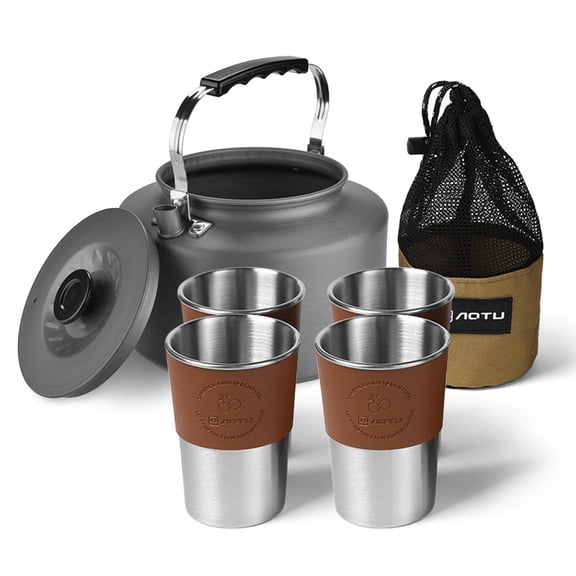 YAHHU 2L Portable Camping Kettle with 4 HeatResistant Stainless Cups & Mesh Carry Bag Ideal for OpenFire Boiling and Outdoor Tea