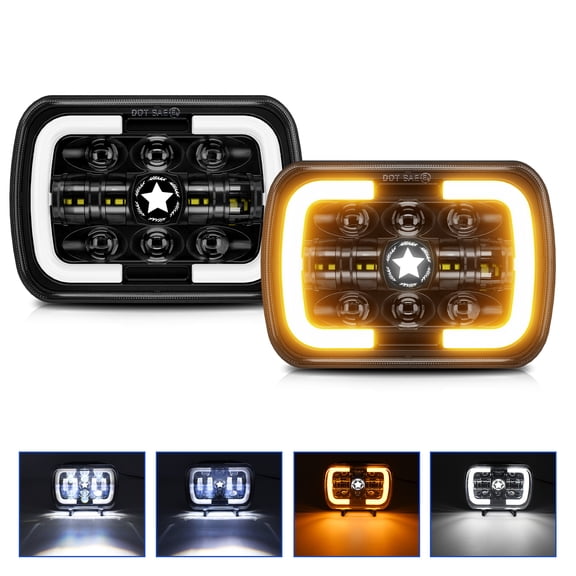 YAHHU 2-Pack 7-Inch Rectangular LED Headlights (5x7 / 7x6) with High/Low Beam, DRL, and Amber Turn Signal - IP68 Waterproof Replacement for Jeep Cherokee XJ, Wrangler YJ, Ford, Chevy, and GMC