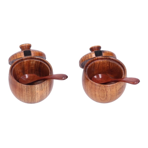 YAHHU 2-Piece Jujube Wood Salt Box Set, Premium Wooden Seasoning Pot & Spice Jars with Lids and Spoons, Dark Brown Kitchen Storage Containers for Salt, Pepper, & Herbs (7.87 inches / 20 cm)