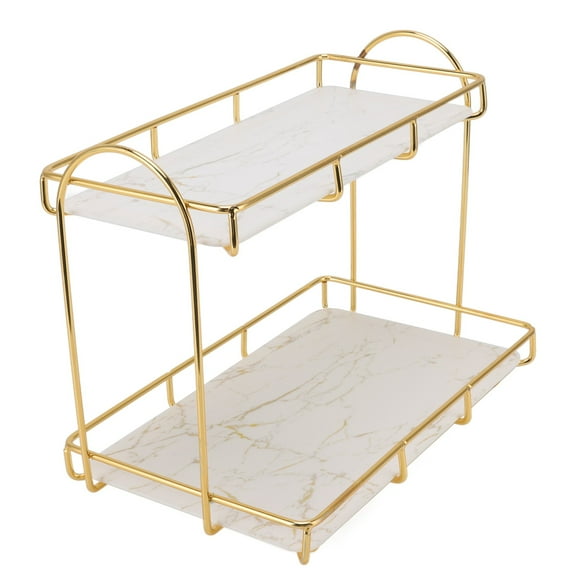 YAHHU 2 Tier Cosmetic Storage Shelf Large Capacity Waterproof Gold Metal Rack For Bathroom Kitchen Bedroom Countertop Display Organization Clear Trays Double Layer Vanity Organizer Stand