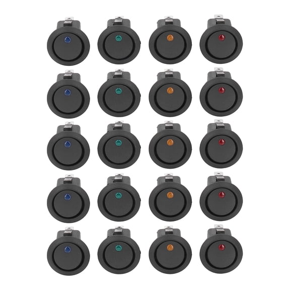 YAHHU 20-Piece 12V Round Rocker Switch LED Light 3 Pin 2 Level Toggle SPST Automotive Boat Marine Electrical Switches in Blue Green Yellow Red Color Set