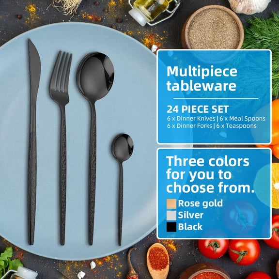 YAHHU 24Piece Stainless Steel Flatware Set Elegant Hammered Design, Includes 6 Knives, 6 Forks, 6 Spoons, 6 Teaspoons Dishwasher Safe, Comes with Storage Box