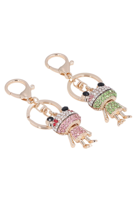 2Pcs Frog Keychain Set (5.9 in / 15 cm) Inlaid Rhinestone Silvertone Hand Crafted Durable Wear Resistant Backpack Car Key Ring, Pink & Green