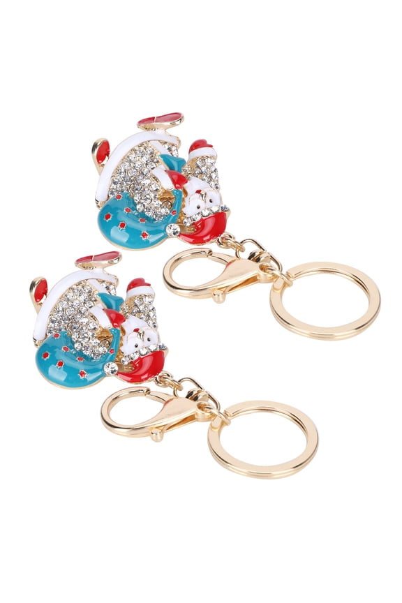 2Pcs Keychain Pendant Diamond Studded Cartoon Santa Claus Metal Key Ring Lightweight Car Decoration Fashion Handbag Accessory Durable Backpack Charm Holiday Gift Essential New