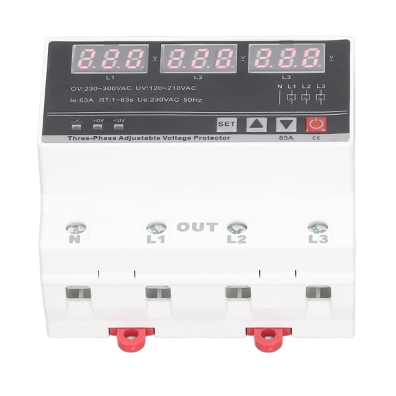 YAHHU 3 Phase Adjustable Protector Over Under Voltage Current Protection Device DIN Rail Mount AC120V-300V 63A Surge Suppressor with LED Display (3.94 inches / 10 cm)[cite: 1]