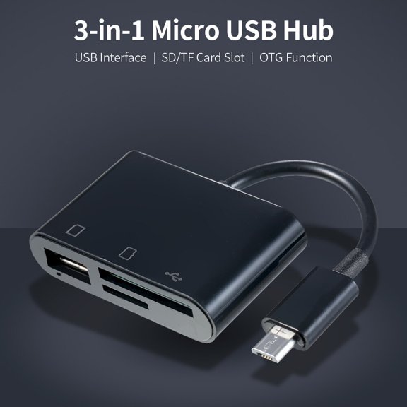 YAHHU 3-in-1 Micro USB Hub and OTG Adapter with SD TF Memory Card Reader Slot, 7.8 inches / 19.8 cm Length Portable External Desktop Multi Interface Connection Splitter for Cell Phone, Black