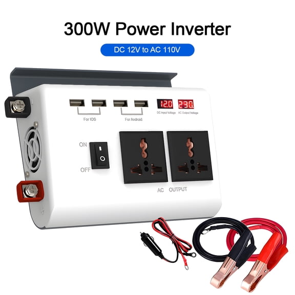 YAHHU 300W Continuous 600W Surge Power Inverter DC 12V to AC 110V Car Converter 4 USB Ports 2 AC Outlets LED Display Improved Sine Wave for Laptops and Smartphones
