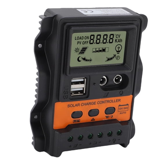 YAHHU 30A Solar Charge Controller Intelligent 12V 24V Auto Panel Battery Regulator with Dual USB Port and DC Interface Safe Protection Intelligent PWM System for Street Light and Outdoor Camping