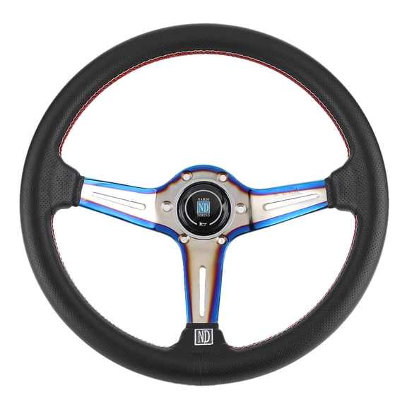 YAHHU 350mm 14 inches NARDI Style 6-Bolt Half Dish Black Perforated Leather Racing Steering Wheel with Horn Button and Bluing Frame Red White Weaving Thread 14 inches / 35.4 cm