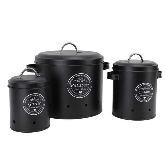YAHHU 3PCS Potato Onion Storage Bin Carbon Steel Farmhouse Potatoes Holder Kitchen Storage Canisters Jars Containers for Countertop Black