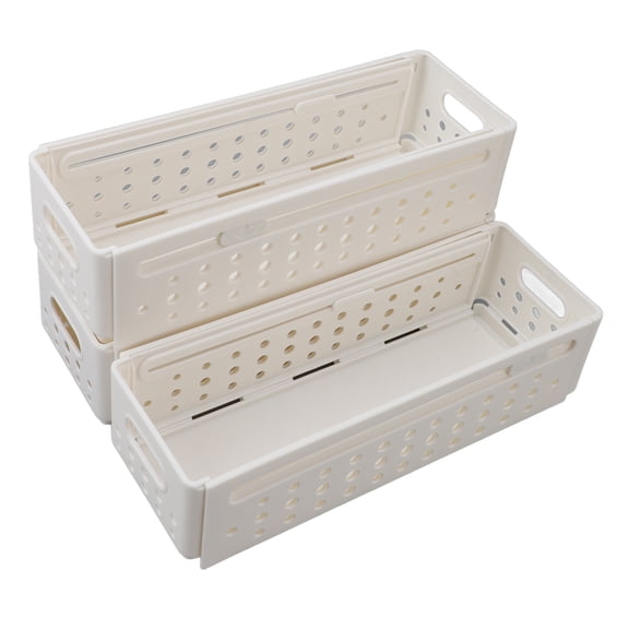 YAHHU 3Pcs Retractable Cabinet Organizer Space Saving Expandable Storage Bin Multi Purpose Stackable Plastic Baskets for Kitchen Supplies Pantry Cupboard Small White 11.02 inches / 28 cm