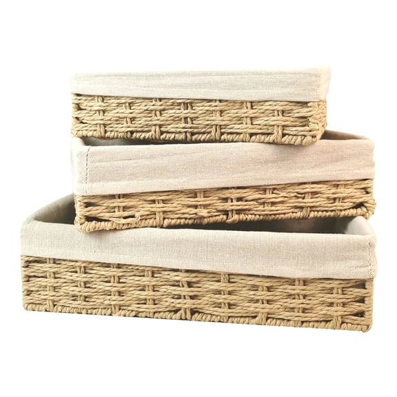 YAHHU 3Pcs Wicker Storage Basket Set Hand-Woven Paper Rope Shelf Baskets Organization Nesting Bins Beige (13.8 inches / 35 cm)