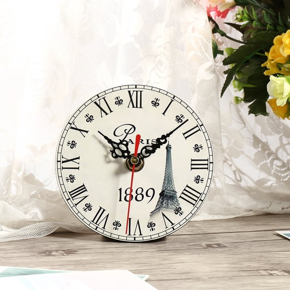 YAHHU 4.7-inch Vintage Wooden Round Wall Clock (12 cm) for Home Office Decor, Quiet Non-Ticking Decorative Desk Clock, Battery Operated with Pattern #6, Rustic Retro Art Design