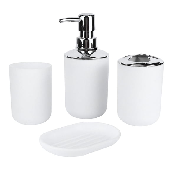 YAHHU 4‑Piece Bathroom Kit – Soap Dish, Rinse Cup, Storage Cup & Lotion Bottle – White, Lightweight Plastic Set