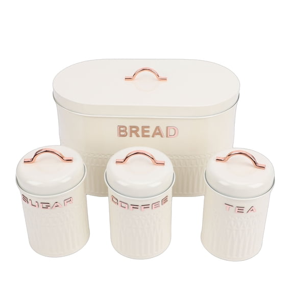 YAHHU 4-Piece Metal Bread Box and Canister Set for Kitchen Countertop Storage, Iron Coffee Tea Sugar Canisters, Food Grade Breathable Cream Containers for Home Pantry Organization