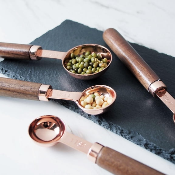 YAHHU 4-Piece Stainless Steel Measuring Spoons Set, Rose Gold Copper Plated Nesting Bakeware Tools with Oak Wood Handles for Dry and Liquid Ingredients