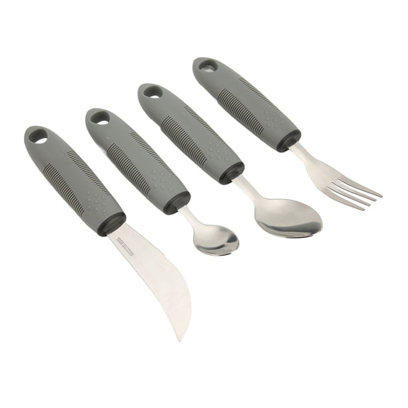 YAHHU 4-Piece Stainless Steel Utensils Set with Wide Rubber Handles, Adaptive Silverware Tableware Set for Household, Grey
