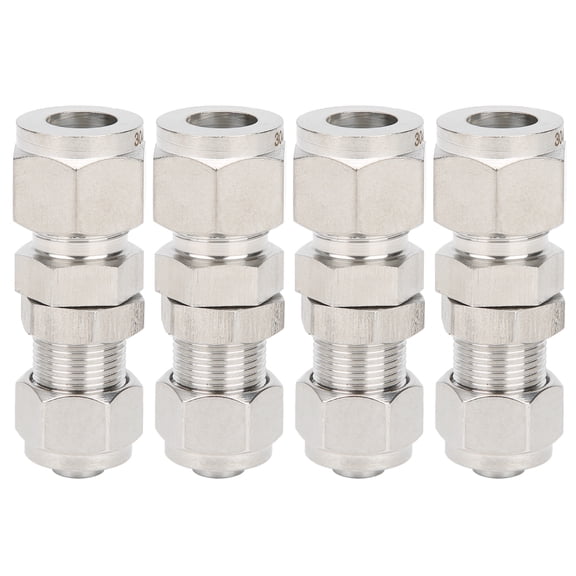 YAHHU 4Pcs Ferrule Compression Fitting 2-Touch Straight Bulkhead Connector 304 Stainless Steel 0.4 x 0.3 in / 10 x 8 mm