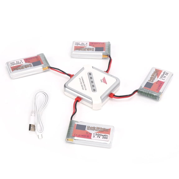 YAHHU 4pcs 3.7V 1200mAh 25C Rechargeable LiPo Battery Pack with JST Plug and 4-in-1 Charger for RC Cars, High Capacity Racing Power Source (2.0x1.2x0.4 inches / 53x30x10 mm)