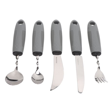 YAHHU 5-Piece Bendable Adaptive Utensils Set, Weighted Easy Grip Cutlery for Tremors and Arthritis, Grey - Stainless Steel Anti-Shake Spoons, Fork, and Knives for Elderly and Parkinson's Patients