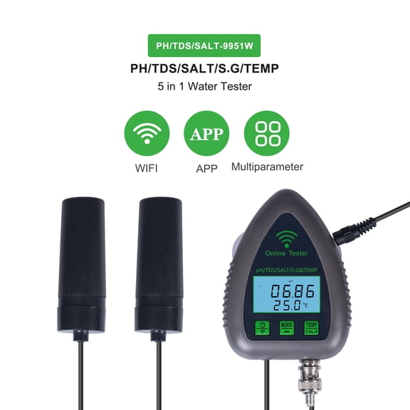 YAHHU 5 in 1 Digital Water Quality Tester Bluetooth WiFi pH TDS Salt SG Temp Meter Gray UK Plug