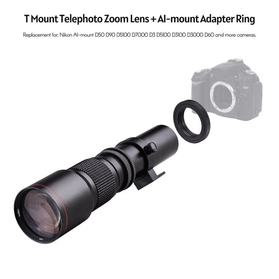 YAHHU 500mm F/8.0-32 Multi Coated Super Telephoto Lens Manual Zoom Adapter Ring Kit Replacement for Nikon D5300 D5500 D5600 D7000 D7100 D7200 D750 D800 D810 D850 Cameras 11.75 inches[cite: 1]