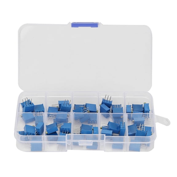 YAHHU 50Pcs 10 Values Blue Variable Resistor Trimmer Pot Assortment Electronic Component 3296W, 100 to 200K Ohm Range, Includes Storage Box (2.4 oz)