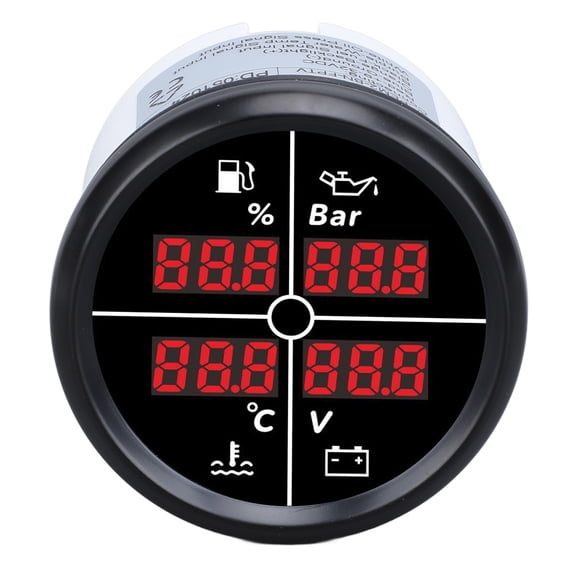 YAHHU 52mm (2.05 inches) 4 in 1 Multifunctional Marine Boat Gauge Digital Display Fuel Level Oil Pressure Water Temperature Meter Voltmeter with Backlight for RV Truck Black Bezel Black Dial