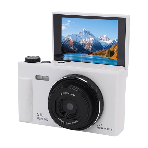 YAHHU 5K Digital Camera 75MP Resolution 18X Digital Zoom Vlog Camera with 2.8 Inch Flip Screen White