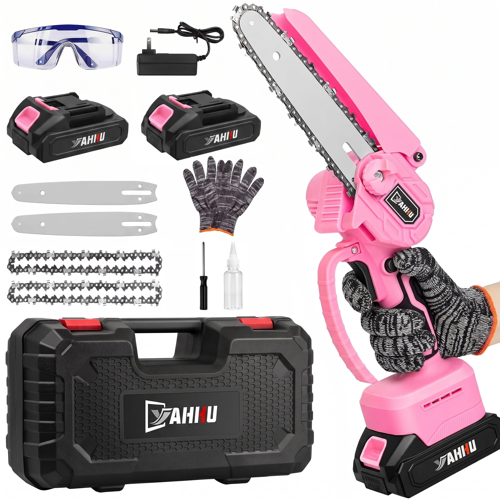 YAHHU 6 inch Lovely Pink Mini Chainsaw, Portable Handheld Electric Cordless Chainsaw,21V Battery,New