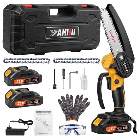 YAHHU 6 INCH MINI CHAINSAW WITH 21V BATTERY POWERED, CORDLESS HANDHELD ELECTRIC CHAINSAW YELLOW, NEW