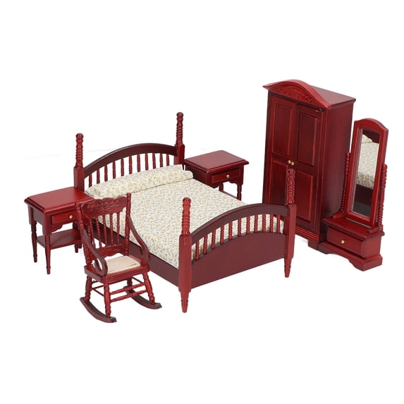 YAHHU 6Pcs Wooden Miniature Furniture Set Vintage Realistic Exquisite DIY Bedroom Furniture for 1:12 Doll House Accessories