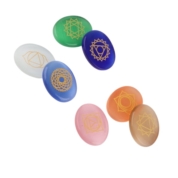 YAHHU 7Pcs Set Engraved Spiritual Healing Meditation Palm Stones Reiki Chakra Crystal Agate Assortment, 0.9 x 1.1 x 0.2 inches