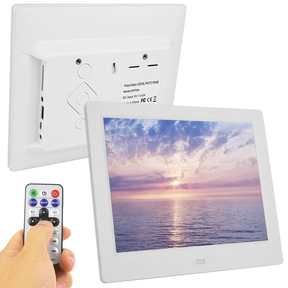 YAHHU 8 Inch HD Digital Photo Frame Widescreen TFT Display 800x600 MP3 MP4 Video Player with Remote Control Electronic Calendar Clock White US Plug (19.2 cm / 7.56 inches)