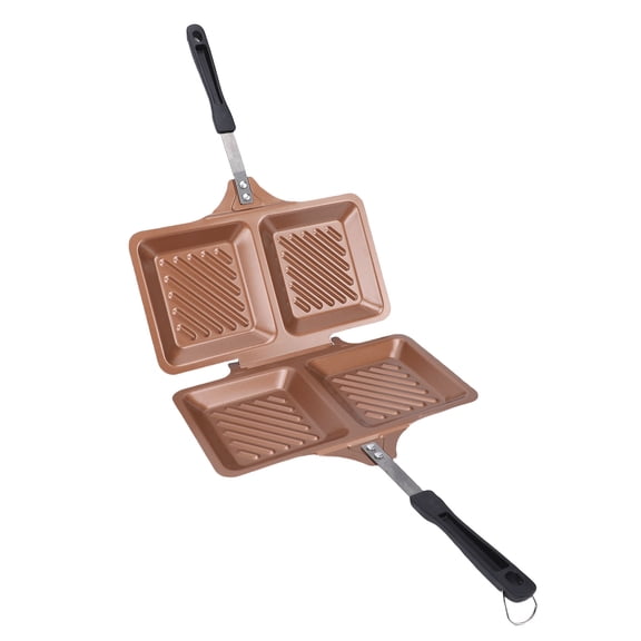 YAHHU 9.8 Inch Square Non-Stick Double Sided Cast Iron Griddle Pan, Stovetop Toasted Sandwich Panini Maker for Home Kitchen, Fast Heating Grilling Cookware for Breakfast, Gold