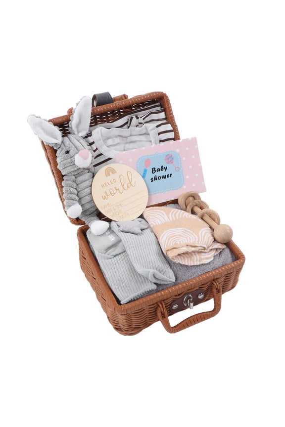 9 In 1 Newborn Baby Shower Layette Gift Set Wooden Rattle Blanket Socks Basket (9.45 inches / 24 cm) Unisex Assorted