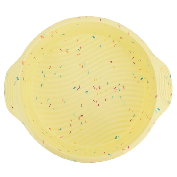 YAHHU 9 Inches / 22.8 cm Round Cake Mold Pan Non-Stick Silicone Baking Tray with Handles, Reusable Bakeware for Home Kitchen, Yellow with Color Particles