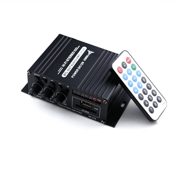 YAHHU AK370 12V Mini Bluetooth Audio Power Amplifier 2.0 Channel Receiver with LCD Display USB SD MP3 FM Radio Bass Treble Control for Home and Car (5.24 inches / 13.3 cm)