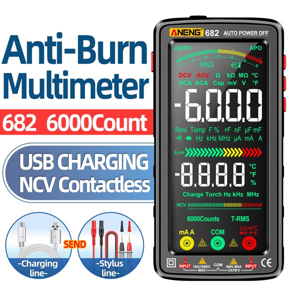 YAHHU ANENG 682 6000 Counts Large LCD Digital Multimeter Smart Anti-burn Rechargeable Universal Meter VA Reverse Screen NCV Tester Voltage Current Resistance Capacitance Temperature Frequency Diode