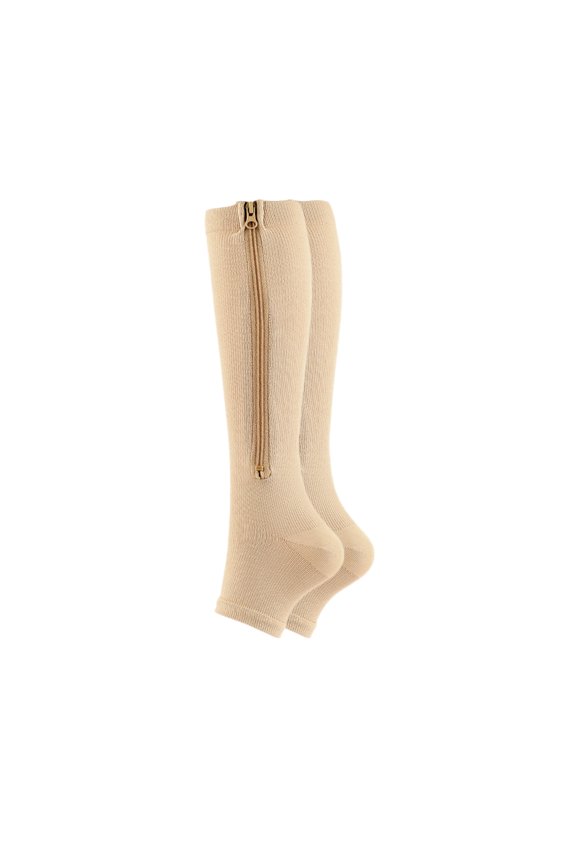 Athletic Compression Socks Open Toe Zippered Knee-High Calf Sleeves Running Hiking Swelling Pain Relief Support 1 Pair Beige 2XL (16 inches / 40.6 cm)