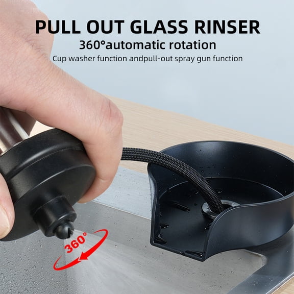 YAHHU Automatic Glass Rinser for Kitchen Sink, 360 Degree Rotating High Pressure Cup Bottle Washer Cleaner Faucet Sprayer Attachment with 31.5 Inches Hose & Tee Adapter, Matte Black