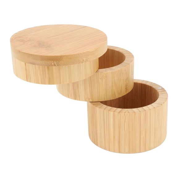 YAHHU Bamboo 3-Tier Seasoning Container Rotating Magnetic Spice Storage Box for Kitchen Countertop Organization, Multi-Layer Wooden Salt Cellar Pepper Herb Organizer Box, 5.0 Inches / 12.8 cm Height