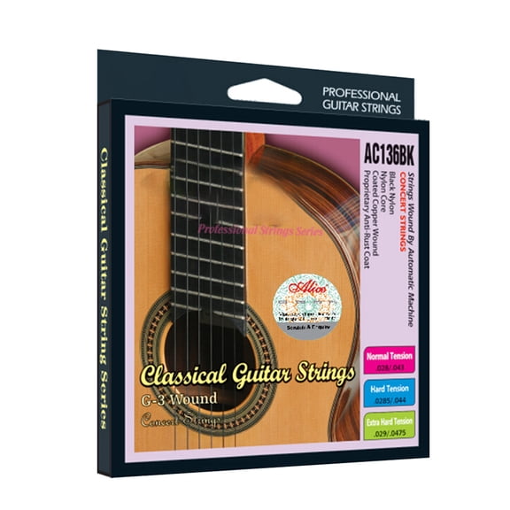 YAHHU Black Nylon Classical Guitar Strings 7 Pieces Set Hard Tension Replacement Parts with Complimentary G-3rd String Acoustic Music Accessories (.0285-.044)