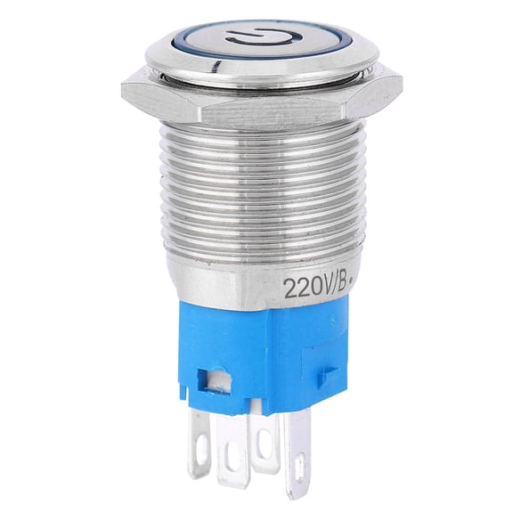 YAHHU Blue LED Ring Power Symbol Flat Round Head Self Reset Metal Push Button 16mm / 0.63 inches (220V) - Reliable Electrical Switch for Custom Installations