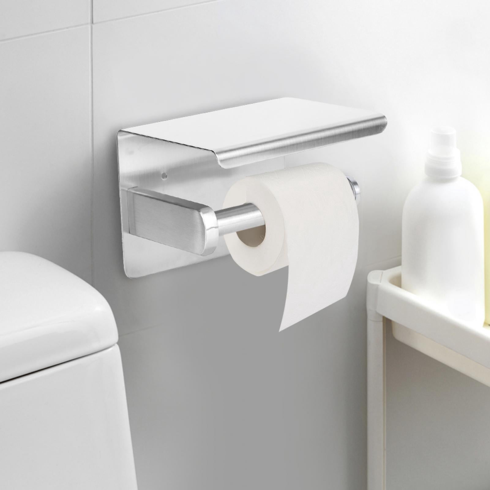 YAHHU Brushed Toilet Paper Holder Stainless Steel Tissue Paper Towel Rack with Phone Shelf, Modern Wall Mounted or Self Adhesive Roll Dispenser (5.91 inches / 15 cm)