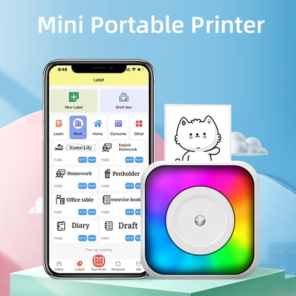 YAHHU C31 Mini Thermal Printer Multifunction Portable Sticker Maker with RGB Light, Inkless Bluetooth Pocket Printer (3.74 inches), iOS/Android Compatible, Includes 6 Thermal Rolls & 5 Stickers