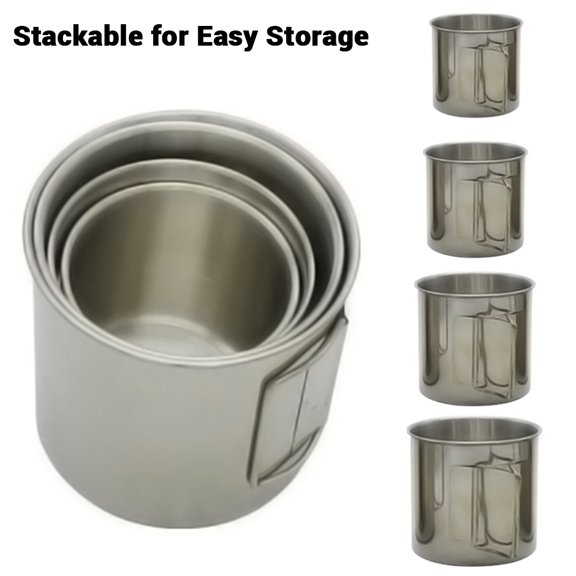 YAHHU Camping Water Cup Coffee Mug Set 4-Piece Stainless Steel Outdoor Backpacking Cups with Foldable Handles for Hiking Fishing Picnic 12-oz / 355-ml