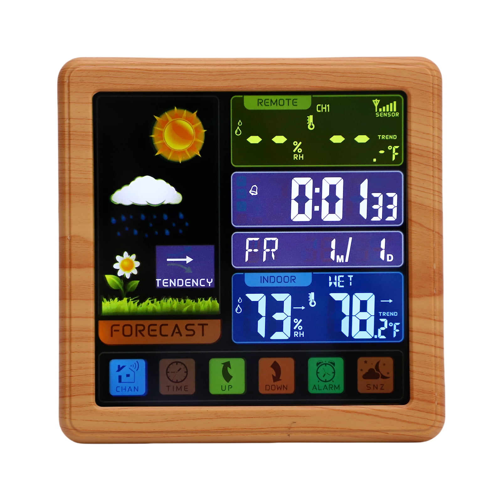YAHHU Cordless Weather Station with Color Touchscreen, Indoor Outdoor Thermometer Hygrometer and Remote Sensor, Digital Alarm Clock Forecast Wood Grain 9.8 inches / 25 cm