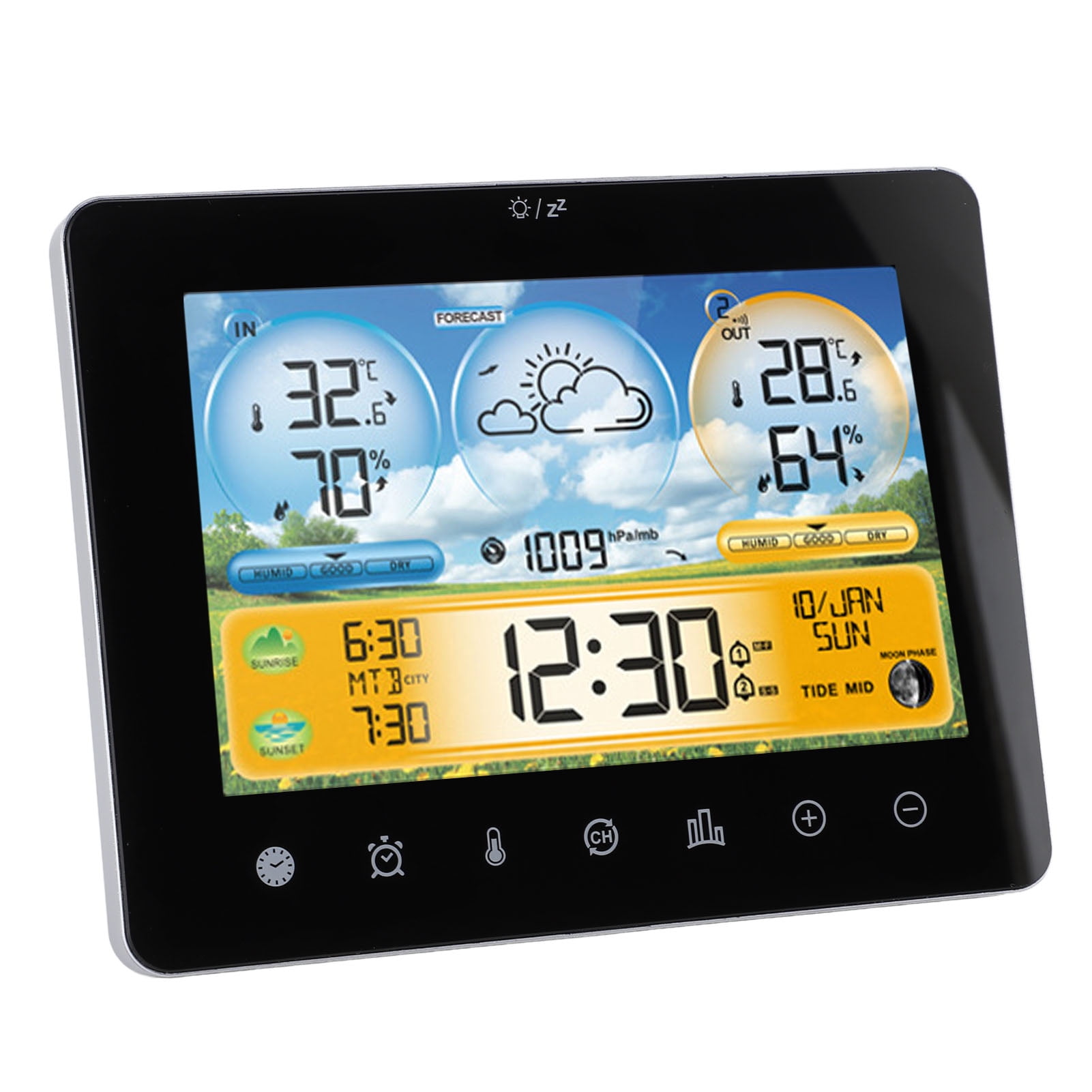 YAHHU Digital Weather Forecast Station Wireless Indoor Outdoor Touch Screen Thermometer Hygrometer with RF Sensor and Clock, Black (7.09 x 5.51 inches / 18 x 14 cm)