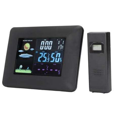 YAHHU Digital Wireless Weather Station Indoor Outdoor Thermometer with Sensor, Color LED Display Temperature Humidity Monitor Alarm Clock, EU Plug 100-240V